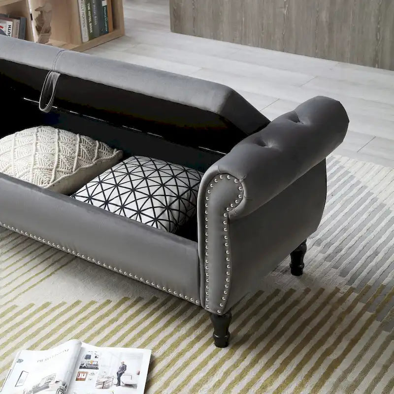 Pouf contenitore rettangolare in velluto, sgabello-panca da divano