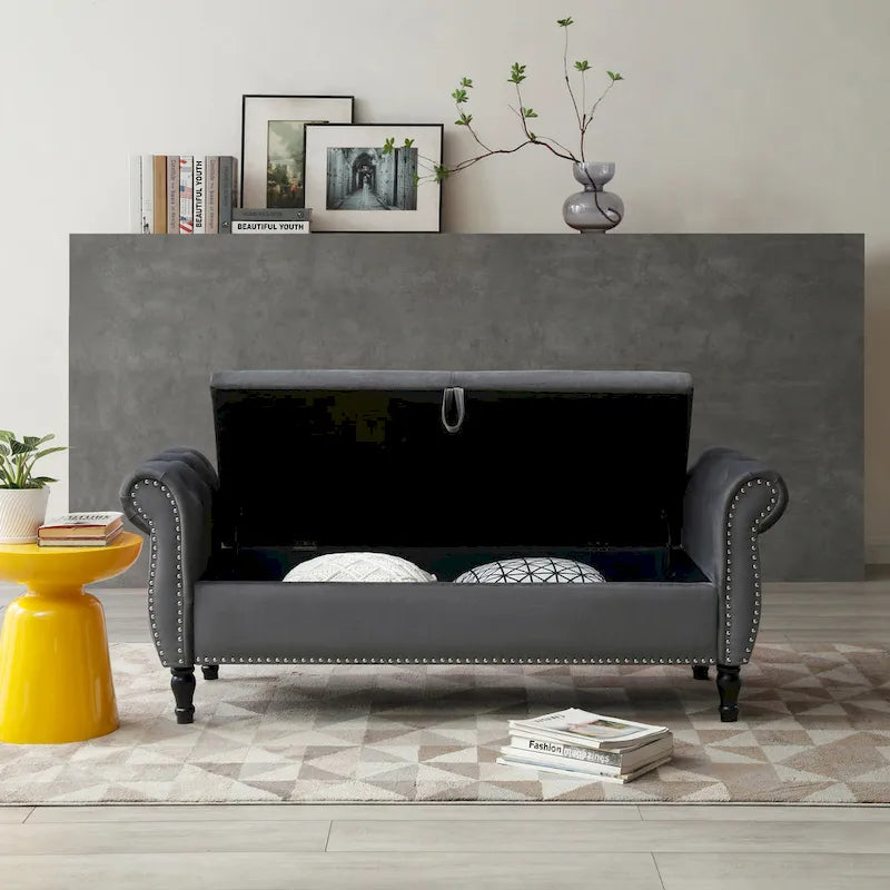 Pouf contenitore rettangolare in velluto, sgabello-panca da divano