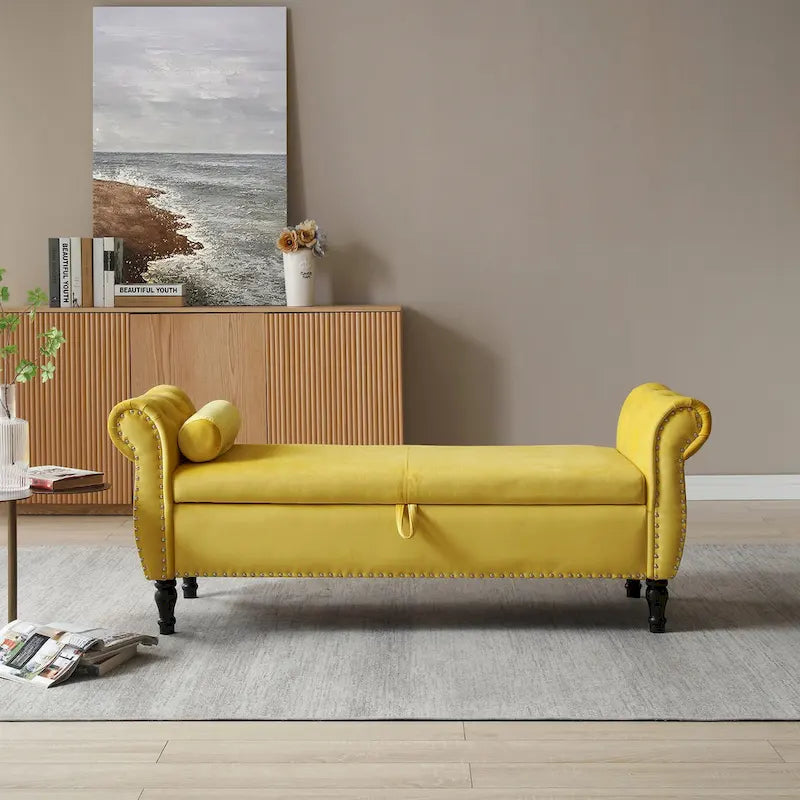 Pouf contenitore rettangolare in velluto, sgabello-panca da divano