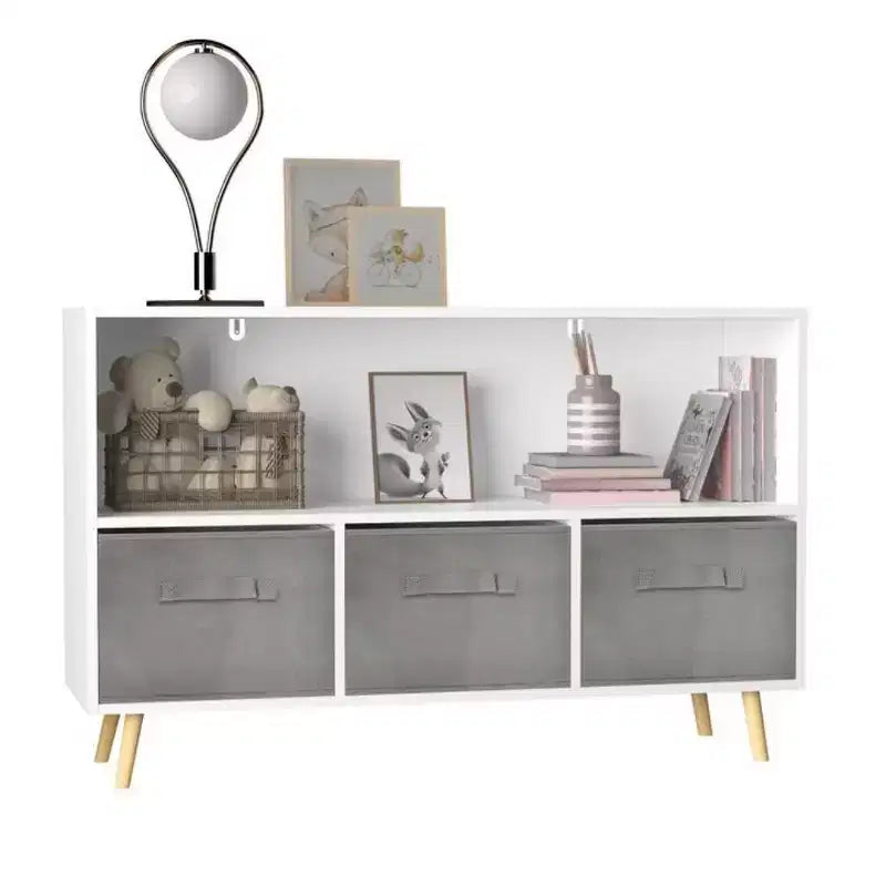 Libreria per bambini con 4 scomparti, organizer per giocattoli con cassetti in tessuto pieghevoli, espositore per libri per la cameretta dei bambini, la sala giochi e l'asilo nido