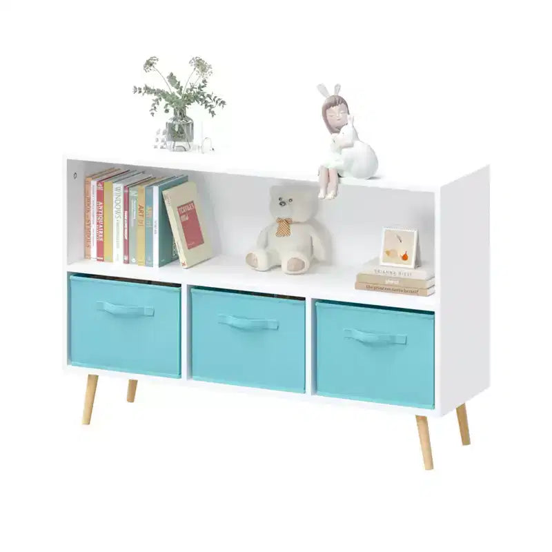 Libreria per bambini con 4 scomparti, organizer per giocattoli con cassetti in tessuto pieghevoli, espositore per libri per la cameretta dei bambini, la sala giochi e l'asilo nido