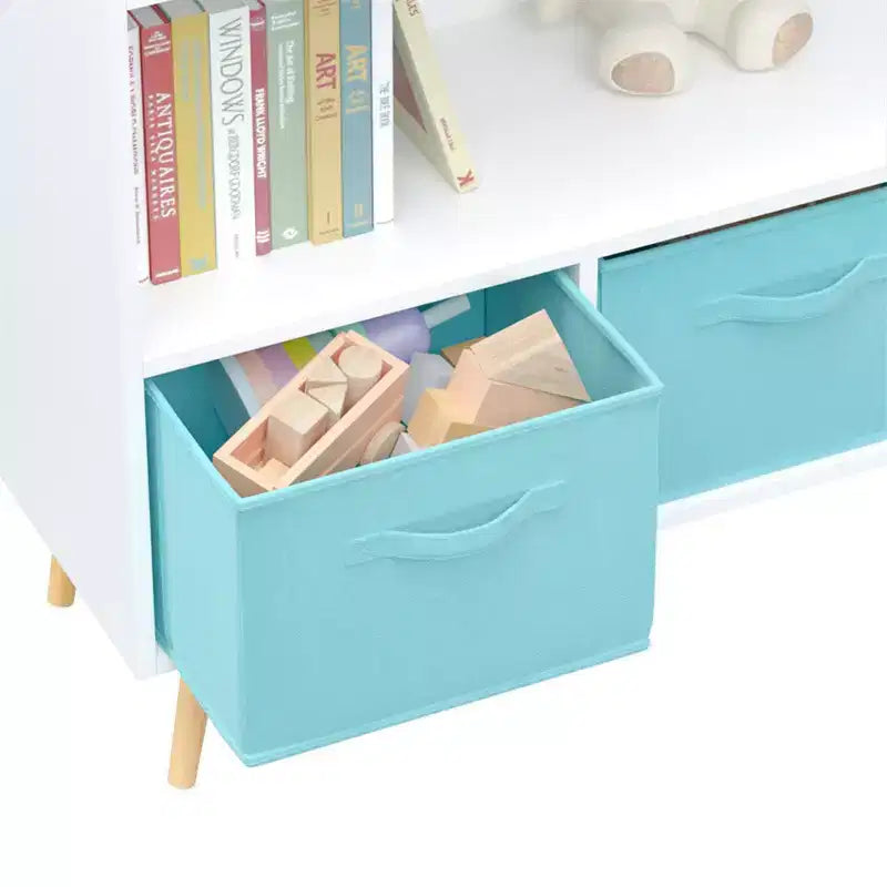 Libreria per bambini con 4 scomparti, organizer per giocattoli con cassetti in tessuto pieghevoli, espositore per libri per la cameretta dei bambini, la sala giochi e l'asilo nido