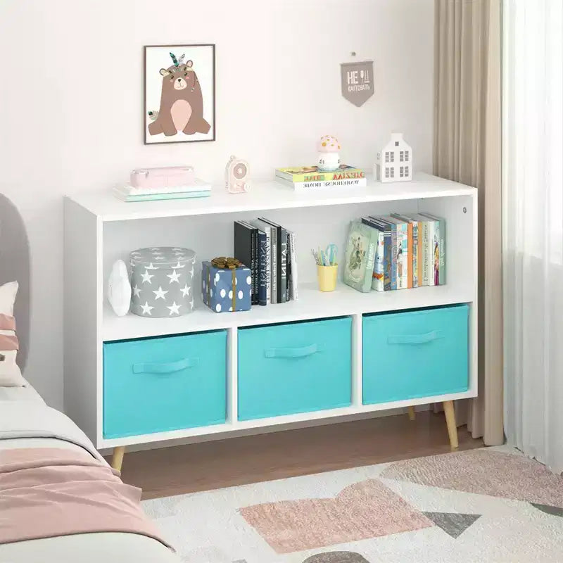 Libreria per bambini con 4 scomparti, organizer per giocattoli con cassetti in tessuto pieghevoli, espositore per libri per la cameretta dei bambini, la sala giochi e l'asilo nido