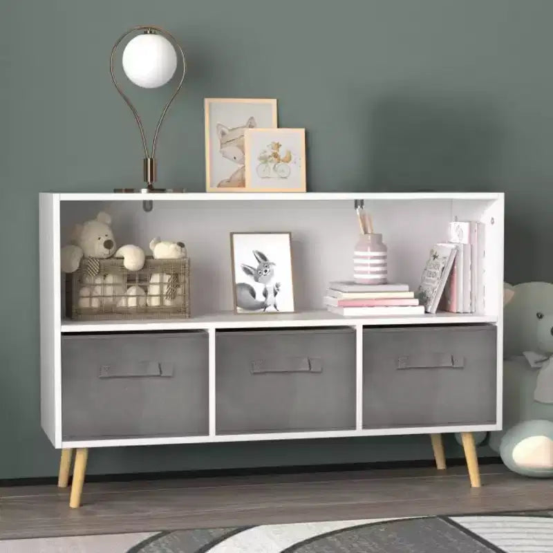 Libreria per bambini con 4 scomparti, organizer per giocattoli con cassetti in tessuto pieghevoli, espositore per libri per la cameretta dei bambini, la sala giochi e l'asilo nido