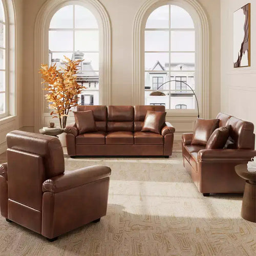 6 seater Living Room Sofa Loveseat Chair Set Faux Leather Couch with Pillows Chocolate Black-Morden Fort