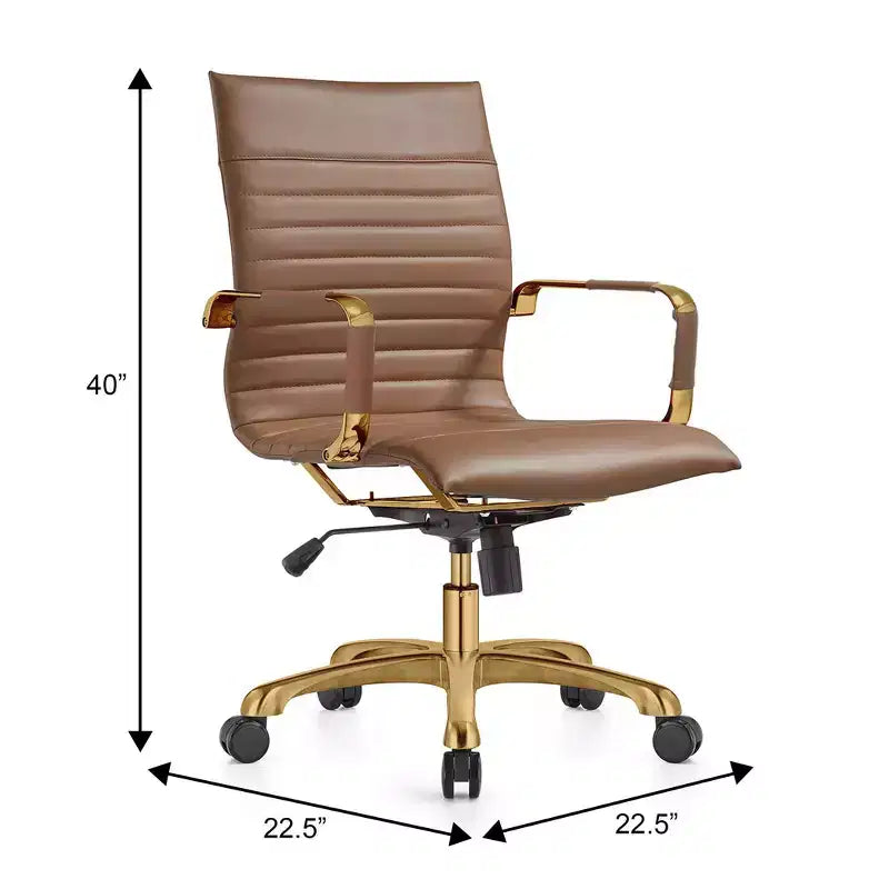 LeisureMod Harris Sedia da ufficio senza braccioli – Pelle a coste con struttura in metallo dorato – Moderna sedia da scrivania girevole e reclinabile