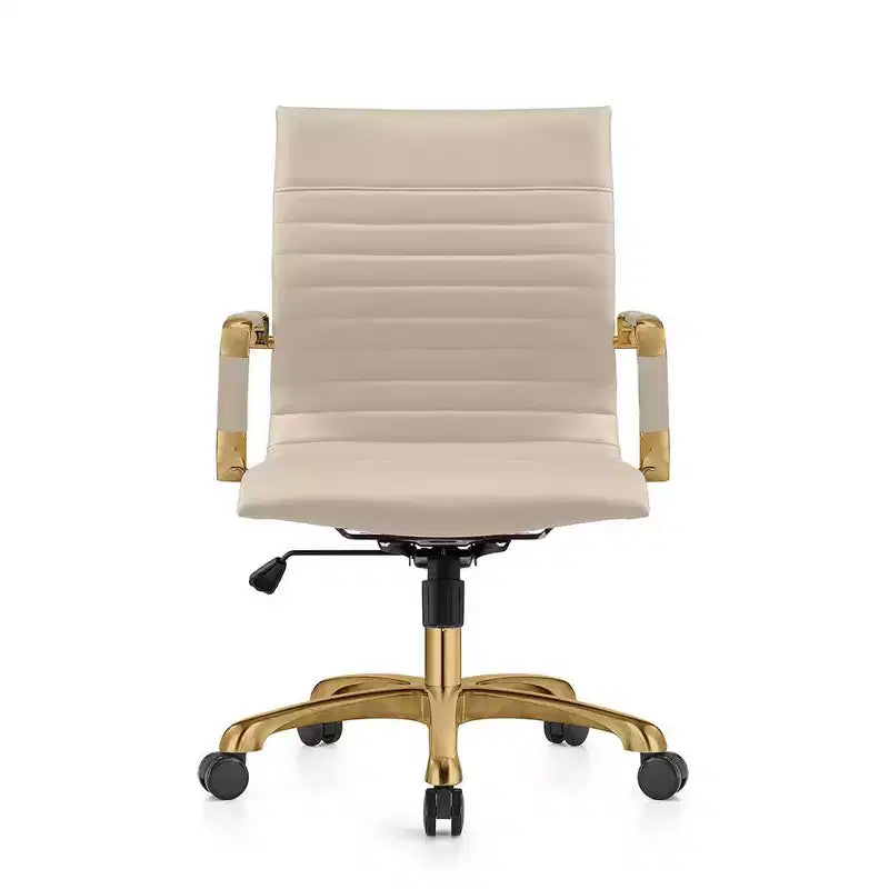 LeisureMod Harris Sedia da ufficio senza braccioli – Pelle a coste con struttura in metallo dorato – Moderna sedia da scrivania girevole e reclinabile