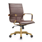 LeisureMod Harris Sedia da ufficio senza braccioli – Pelle a coste con struttura in metallo dorato – Moderna sedia da scrivania girevole e reclinabile