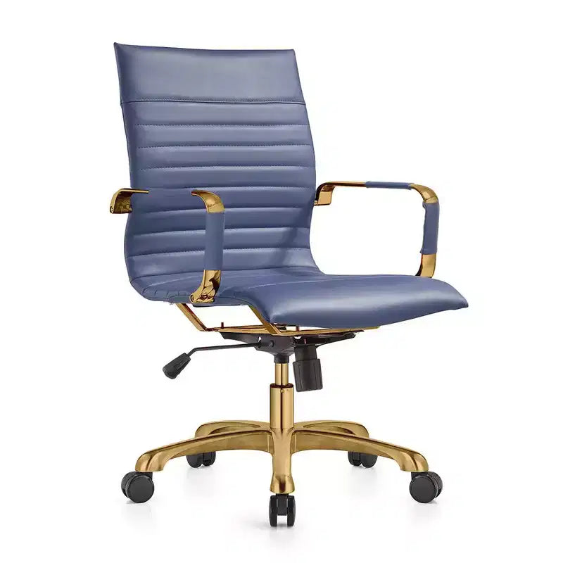 LeisureMod Harris Sedia da ufficio senza braccioli – Pelle a coste con struttura in metallo dorato – Moderna sedia da scrivania girevole e reclinabile