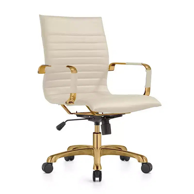 LeisureMod Harris Sedia da ufficio senza braccioli – Pelle a coste con struttura in metallo dorato – Moderna sedia da scrivania girevole e reclinabile