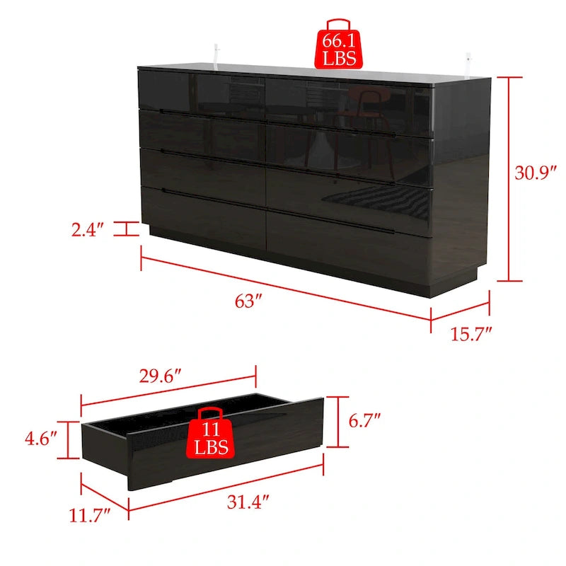 Comò lucido 63" con luce, con 8 cassetti e ampio piano d'appoggio