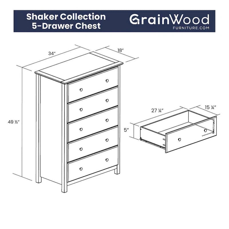 Comò a 5 cassetti in legno massiccio Grain Wood Furniture
