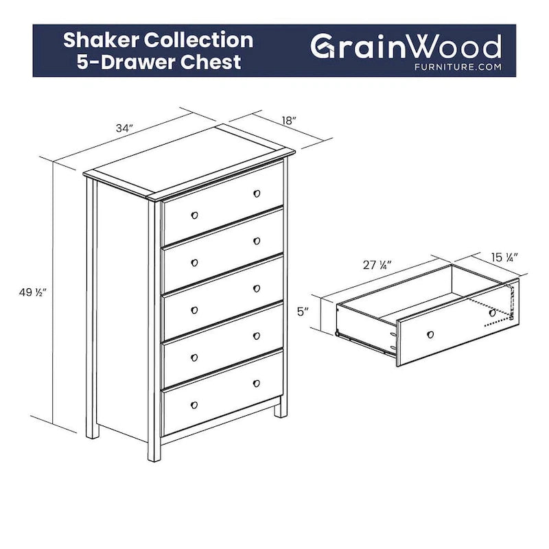 Comò a 5 cassetti in legno massiccio Grain Wood Furniture