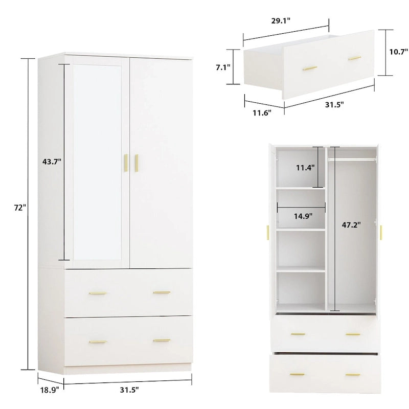 Armadio a due ante con specchio 31,5L x 72A Bianco/Marrone Scuro - 31,5L x 72A
