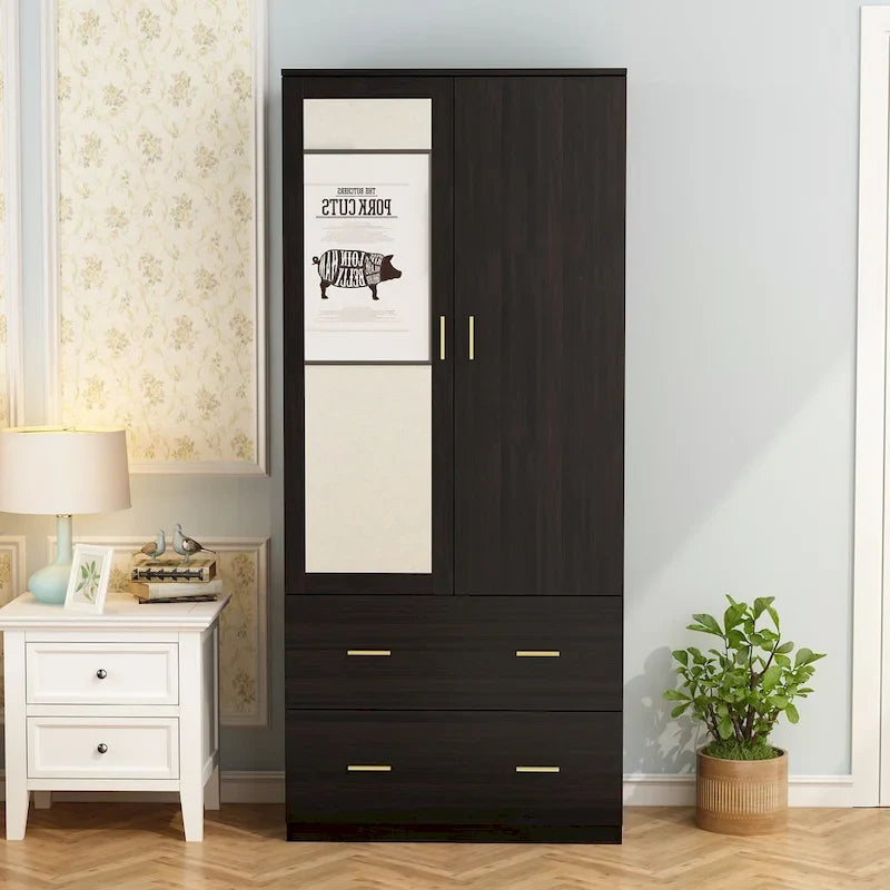 Armadio a due ante con specchio 31,5L x 72A Bianco/Marrone Scuro - 31,5L x 72A