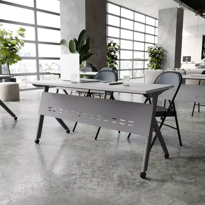 Tavolo da addestramento Flash Furniture Davis impilabile e ribaltabile per uso commerciale, con gambe a Y, pannello frontale, piano del tavolo e struttura