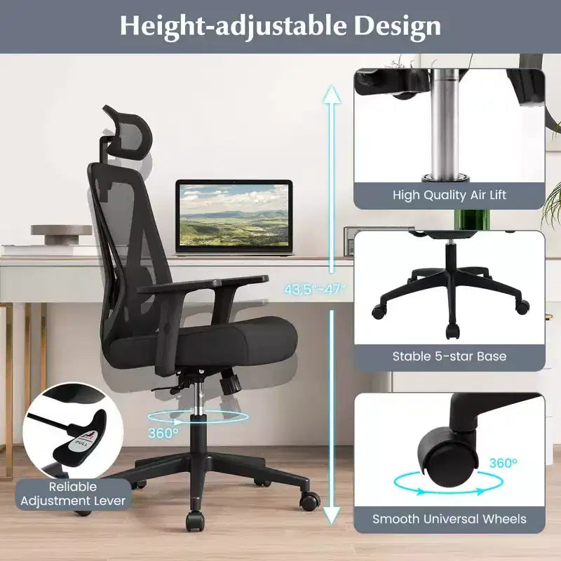 Costway Sedia da Ufficio Ergonomica con Supporto Lombare Regolabile Funzione Inclinazione Poggiatesta, Nera