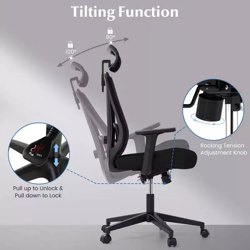 Costway Sedia da Ufficio Ergonomica con Supporto Lombare Regolabile Funzione Inclinazione Poggiatesta, Nera