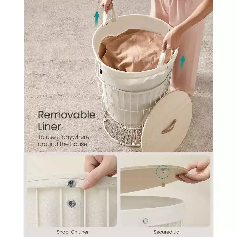 SONGMICS Cesto Portabiancheria con Coperchio, Cesto Portabiancheria Rotondo da 95 Litri, Versatile con Fodera in Tessuto Rimovibile, per Lavanderia, Camera da Letto, Soggiorno