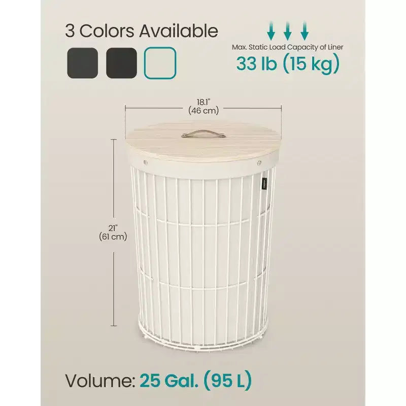 SONGMICS Cesto Portabiancheria con Coperchio, Cesto Portabiancheria Rotondo da 95 Litri, Versatile con Fodera in Tessuto Rimovibile, per Lavanderia, Camera da Letto, Soggiorno