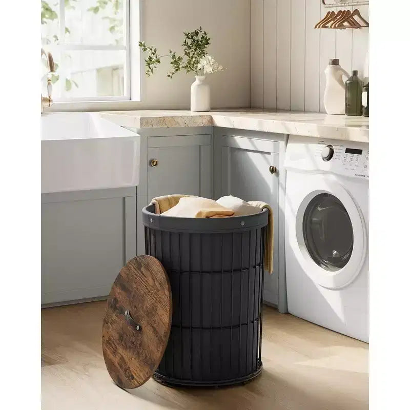 SONGMICS Cesto Portabiancheria con Coperchio, Cesto Portabiancheria Rotondo da 95 Litri, Versatile con Fodera in Tessuto Rimovibile, per Lavanderia, Camera da Letto, Soggiorno