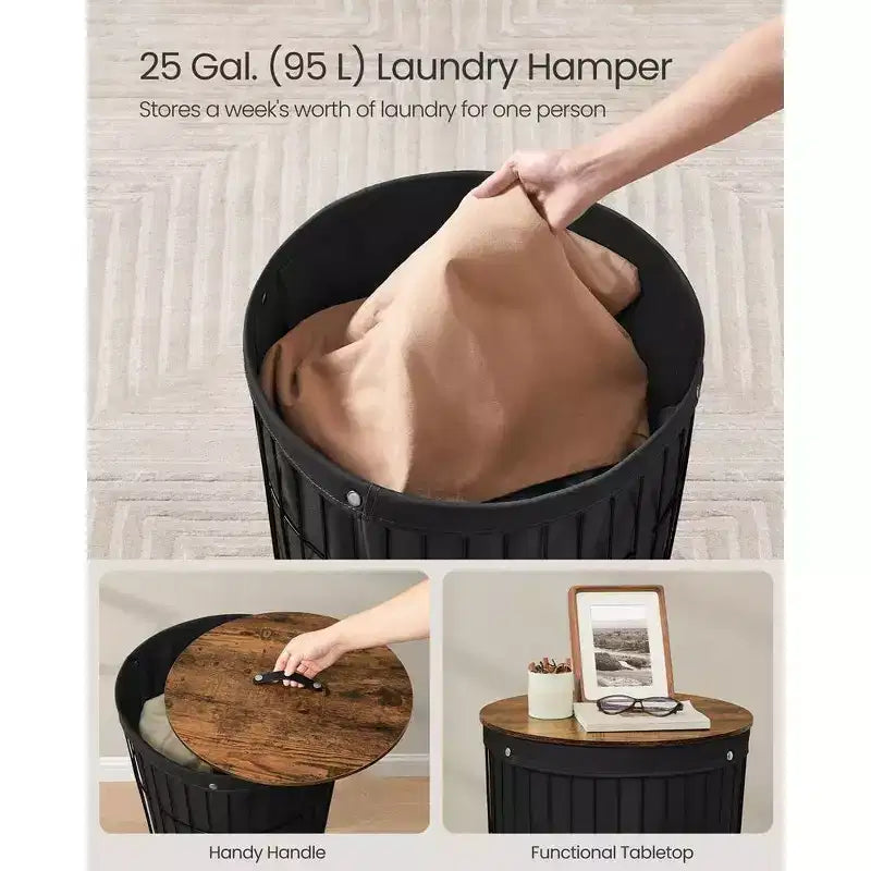 SONGMICS Cesto Portabiancheria con Coperchio, Cesto Portabiancheria Rotondo da 95 Litri, Versatile con Fodera in Tessuto Rimovibile, per Lavanderia, Camera da Letto, Soggiorno