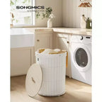 SONGMICS Cesto Portabiancheria con Coperchio, Cesto Portabiancheria Rotondo da 95 Litri, Versatile con Fodera in Tessuto Rimovibile, per Lavanderia, Camera da Letto, Soggiorno