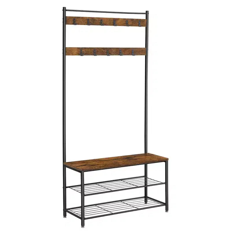 VASAGLE Coat Rack, Hall Tree with Shoe Storage Bench, Entryway Bench with Shoe Storage, 3-in-1, Steel Frame, Rustic Brown and Black
