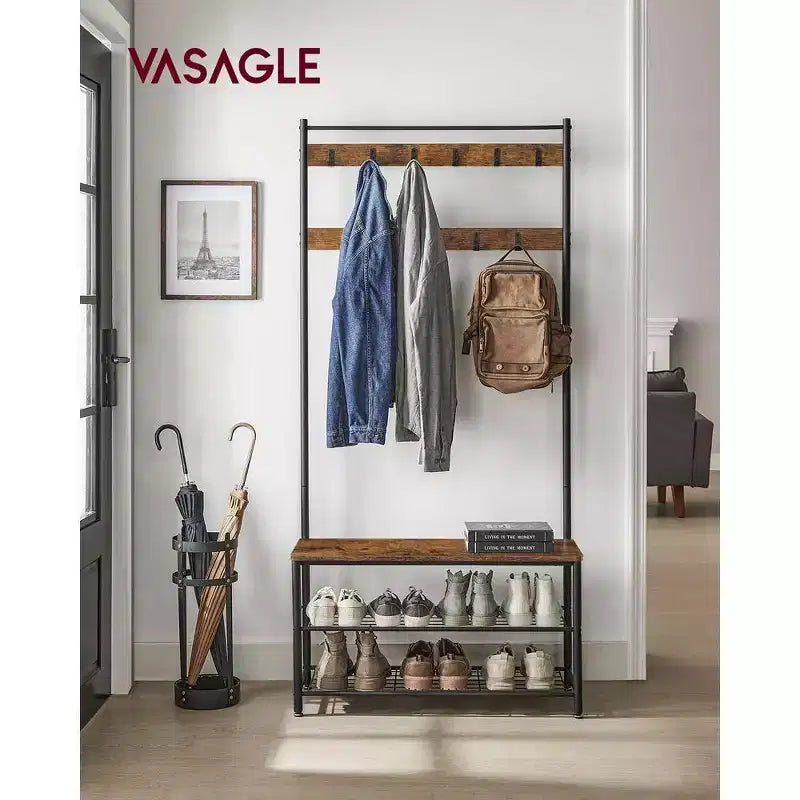 VASAGLE Attaccapanni, Appendiabiti con Scarpiera, Panca Scarpiera da Ingresso, 3-in-1, Struttura in Acciaio, Marrone Rustico e Nero