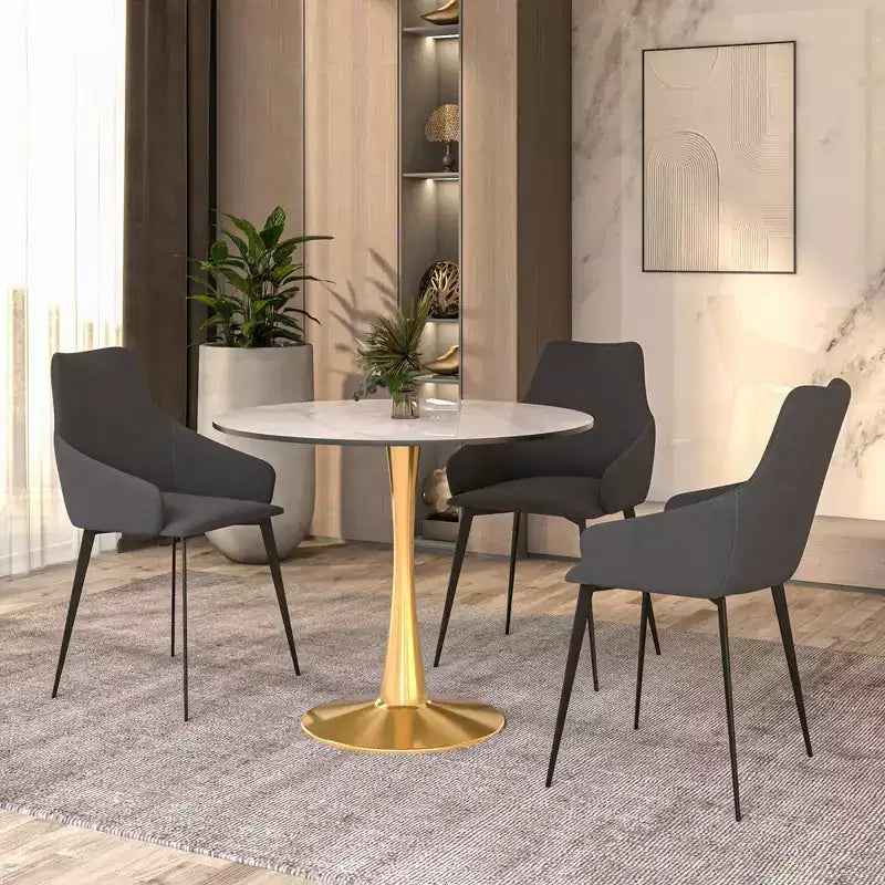 LeisureMod Bristol Tavolo da pranzo rotondo da 31 pollici con piano in pietra sinterizzata e robusta base a piedistallo in acciaio color oro per cucina e piccoli spazi