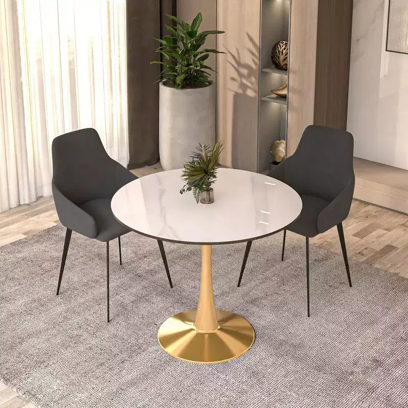 LeisureMod Bristol Tavolo da pranzo rotondo da 31 pollici con piano in pietra sinterizzata e robusta base a piedistallo in acciaio color oro per cucina e piccoli spazi