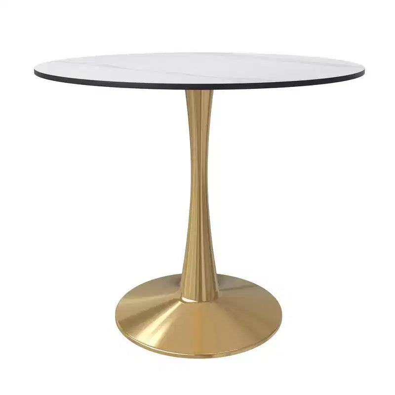 LeisureMod Bristol Tavolo da pranzo rotondo da 31 pollici con piano in pietra sinterizzata e robusta base a piedistallo in acciaio color oro per cucina e piccoli spazi
