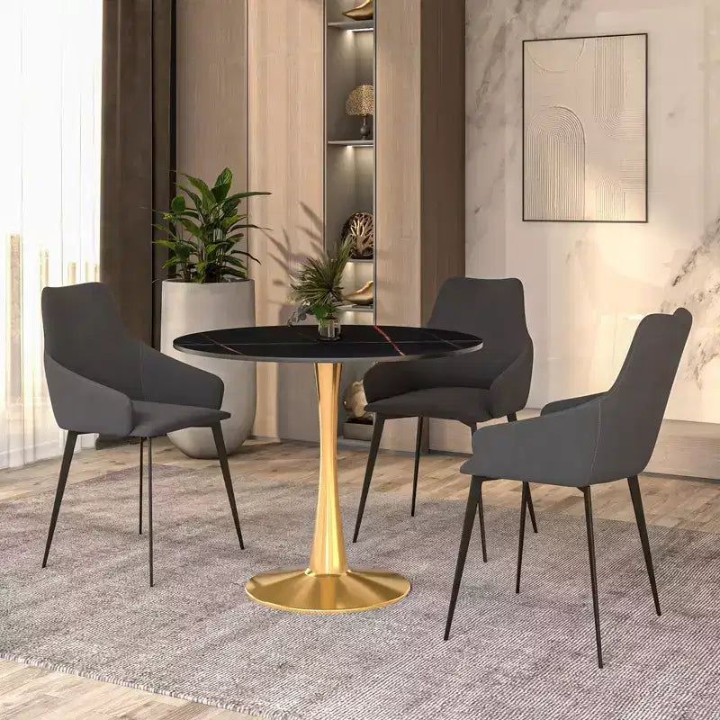 LeisureMod Bristol Tavolo da pranzo rotondo da 31 pollici con piano in pietra sinterizzata e robusta base a piedistallo in acciaio color oro per cucina e piccoli spazi