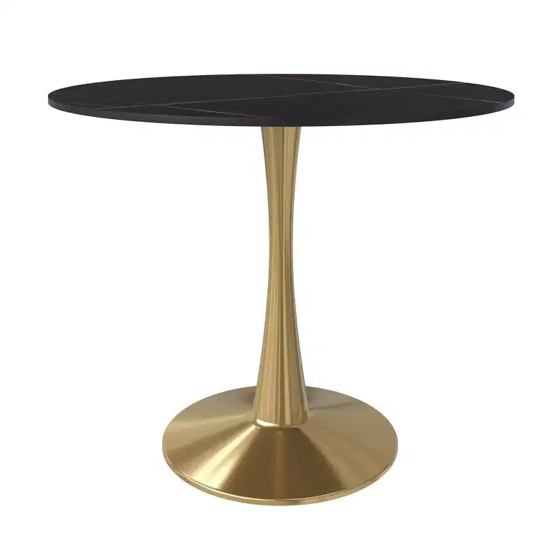 LeisureMod Bristol Tavolo da pranzo rotondo da 31 pollici con piano in pietra sinterizzata e robusta base a piedistallo in acciaio color oro per cucina e piccoli spazi