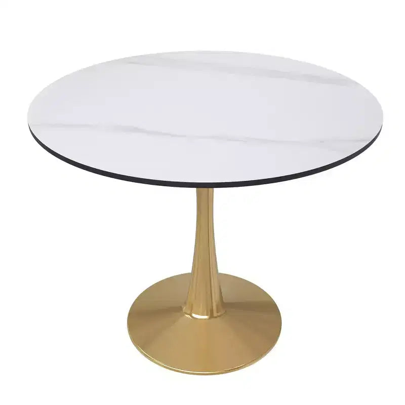LeisureMod Bristol Tavolo da pranzo rotondo da 31 pollici con piano in pietra sinterizzata e robusta base a piedistallo in acciaio color oro per cucina e piccoli spazi