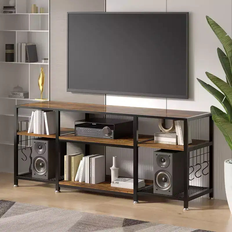 Mobile TV VECELO da 65 pollici, Centro Intrattenimento con Ripiani e Ganci, Tavolo Console Moderno a 3 Livelli in Legno
