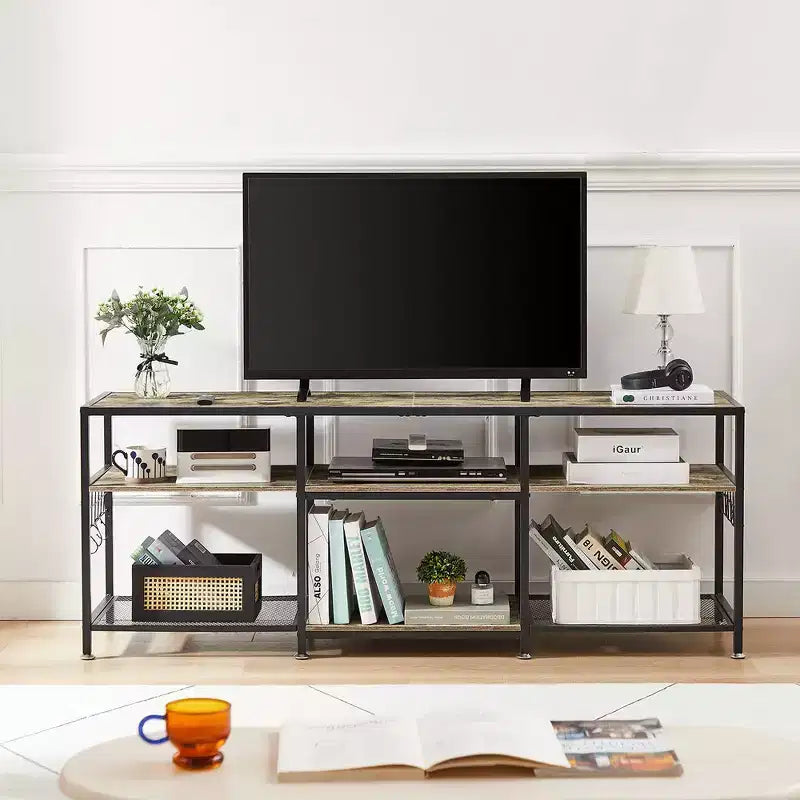 Mobile TV VECELO da 65 pollici, Centro Intrattenimento con Ripiani e Ganci, Tavolo Console Moderno a 3 Livelli in Legno