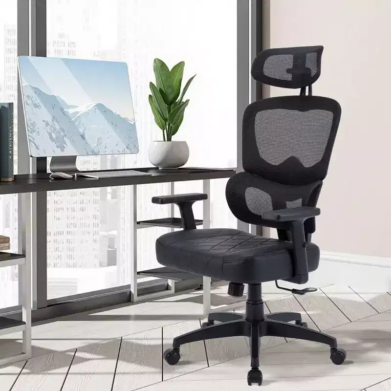 Sedia da ufficio ergonomica VECELO girevole con schienale alto in rete, poggiatesta e braccioli regolabili, supporto lombare per dirigenti/scrivania computer/lavoro, nera
