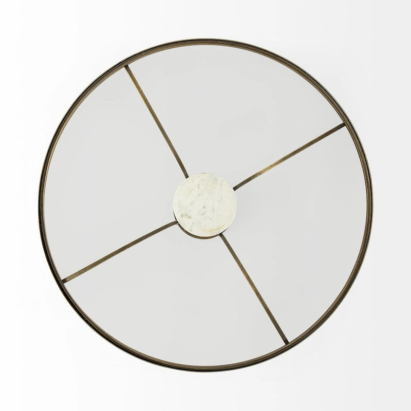 Tavolino Rotondo con Piano in Vetro, Base in Metallo Dorato e Piedistallo in Marmo Bianco