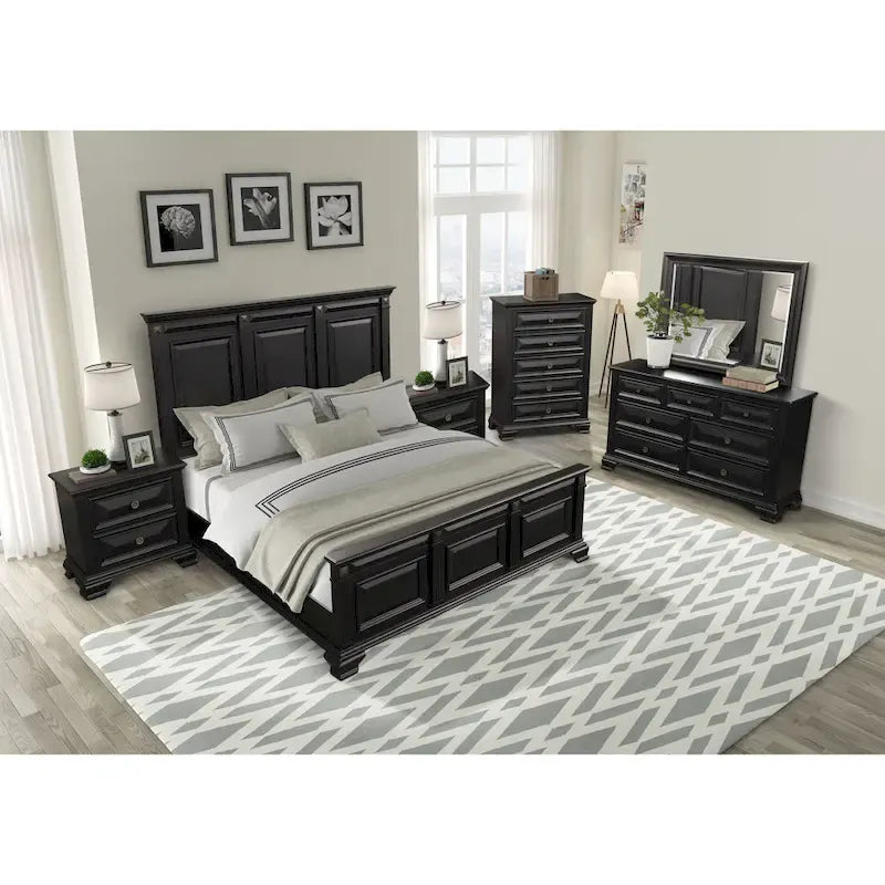 Set camera da letto tradizionale in legno nero vintage, 6 pezzi