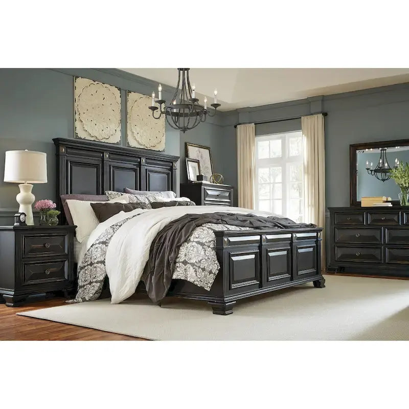 Set camera da letto tradizionale in legno nero vintage, 6 pezzi