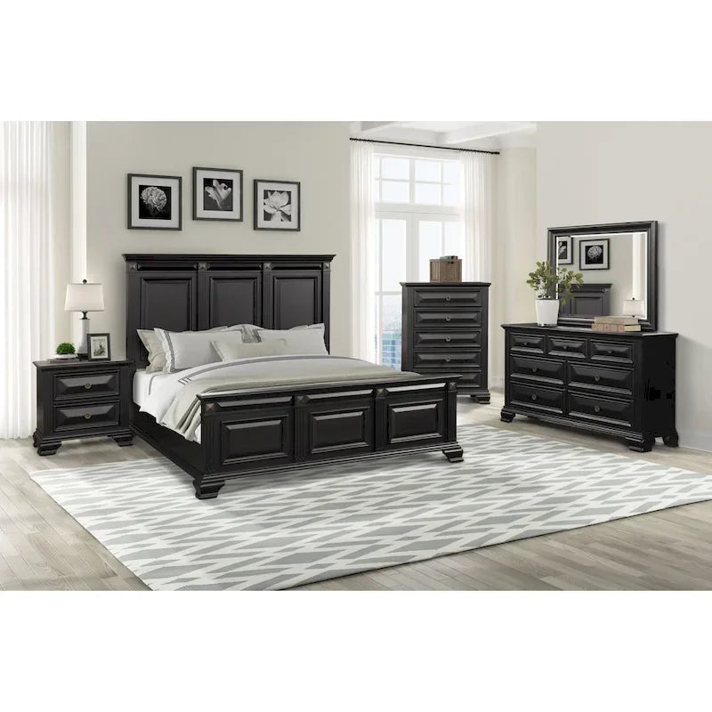 Set camera da letto tradizionale in legno nero vintage, 6 pezzi