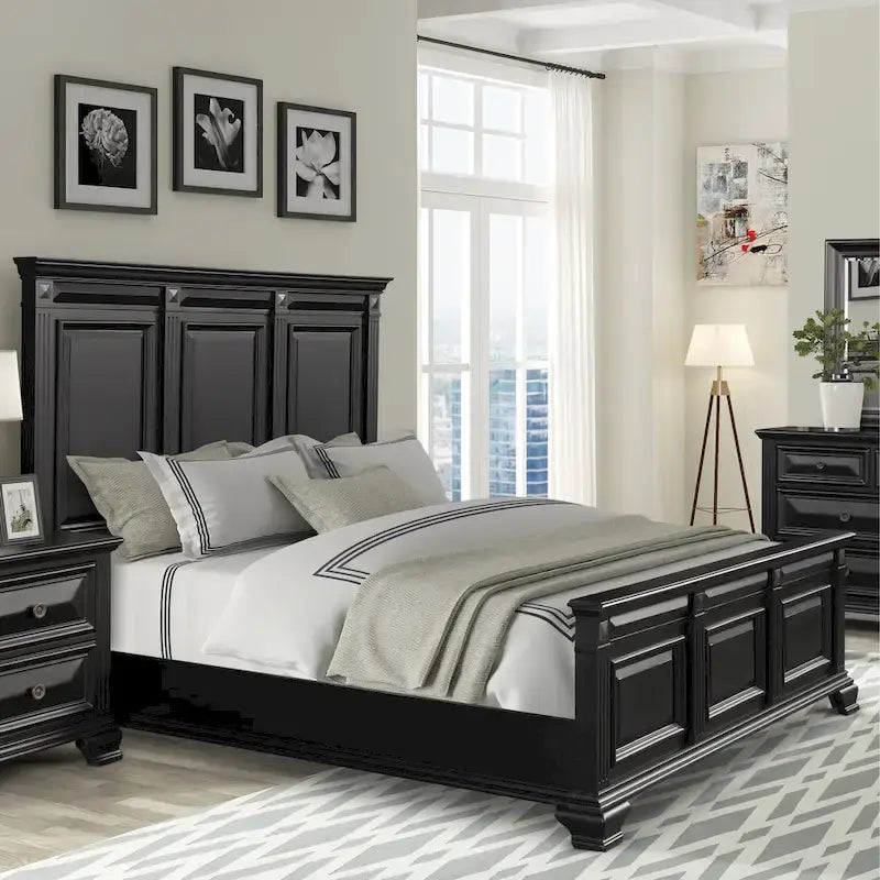 Set camera da letto tradizionale in legno nero vintage, 6 pezzi