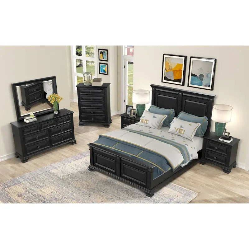 Set camera da letto tradizionale in legno nero vintage, 6 pezzi