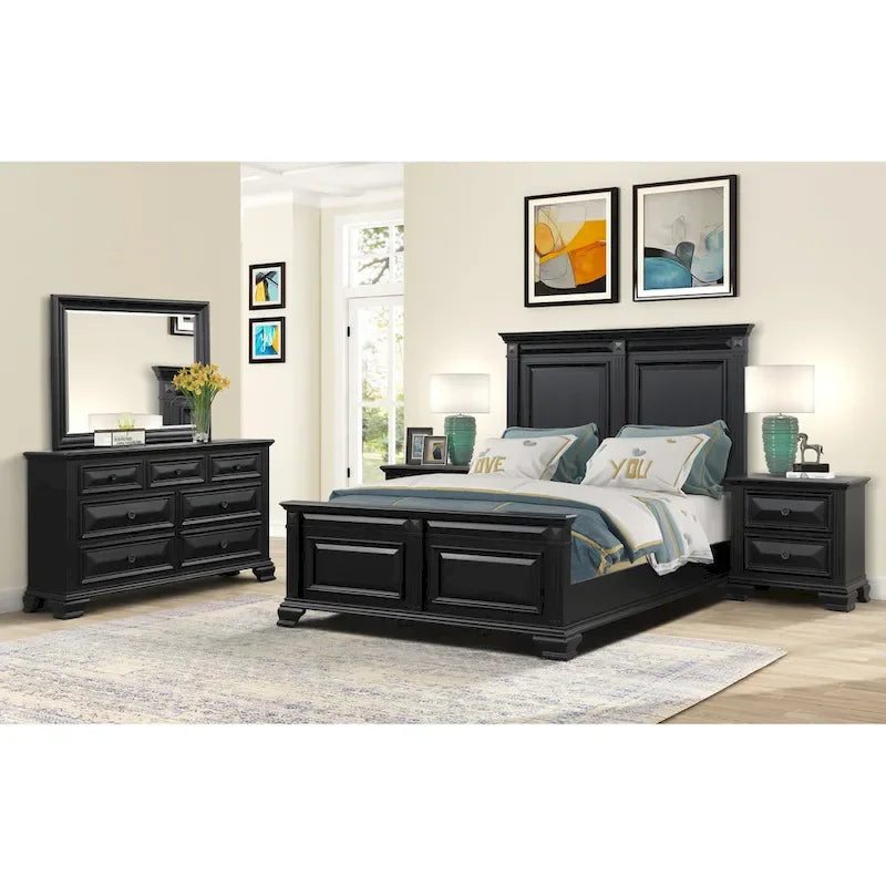 Set camera da letto tradizionale in legno nero vintage, 6 pezzi