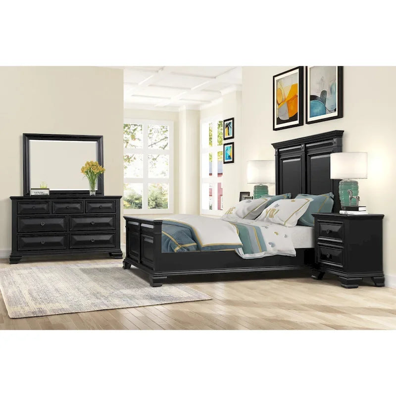 Set camera da letto tradizionale in legno nero vintage, 6 pezzi