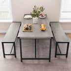 Tavolo da Pranzo e 2 Panche con Protezione Angolare, Set da Pranzo per 4 con 2 Panche, Set Tavolo da Cucina per 4-6 Persone con Struttura a H per Spazi Piccoli