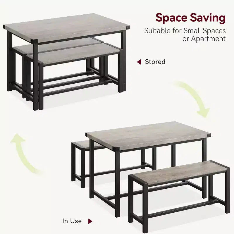 Tavolo da Pranzo e 2 Panche con Protezione Angolare, Set da Pranzo per 4 con 2 Panche, Set Tavolo da Cucina per 4-6 Persone con Struttura a H per Spazi Piccoli