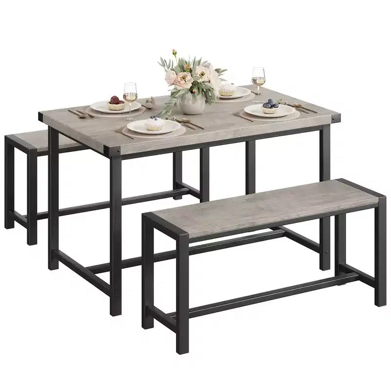 Tavolo da Pranzo e 2 Panche con Protezione Angolare, Set da Pranzo per 4 con 2 Panche, Set Tavolo da Cucina per 4-6 Persone con Struttura a H per Spazi Piccoli