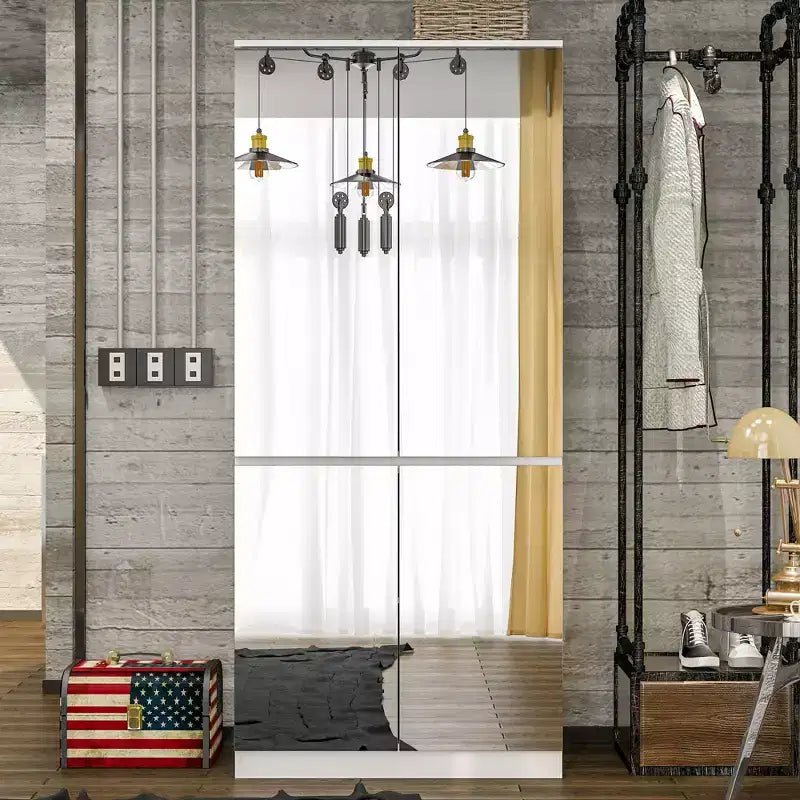 Famapy White Armoire With Hanging Rod and Mirrored Doors
